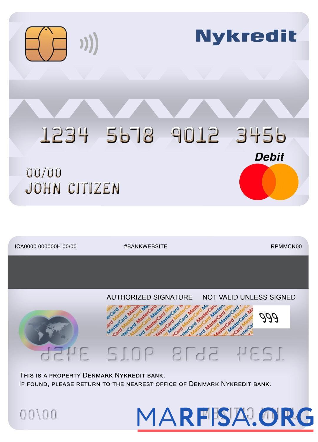 Blank Denmark Nykredit bank master debit card example